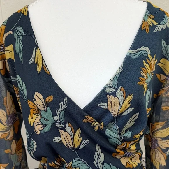 Floral Wrap overlayed Maxi Dress 3/4 sleeve in Teal and Mustard✨Large - Picture 5 of 8